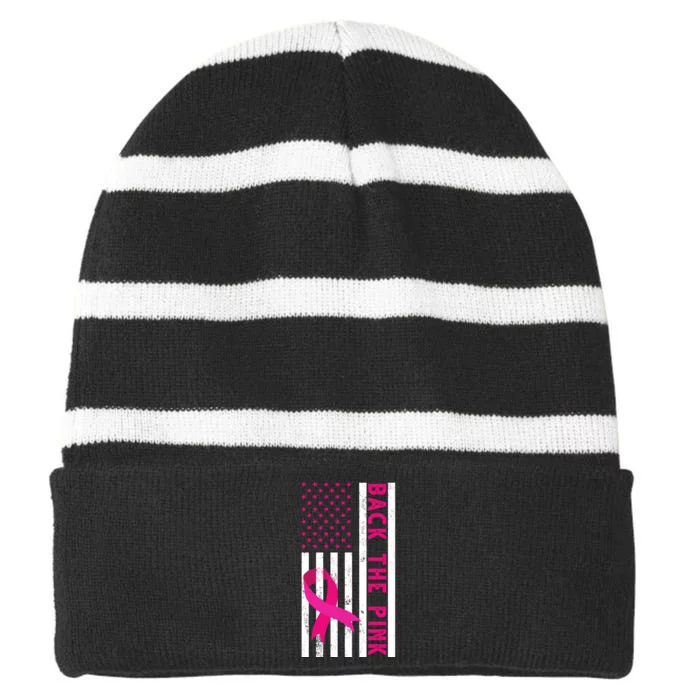 Back The Pink American Flag Pink Ribbon Breast Cancer Striped Beanie with Solid Band