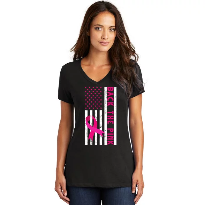 Back The Pink American Flag Pink Ribbon Breast Cancer Women's V-Neck T-Shirt