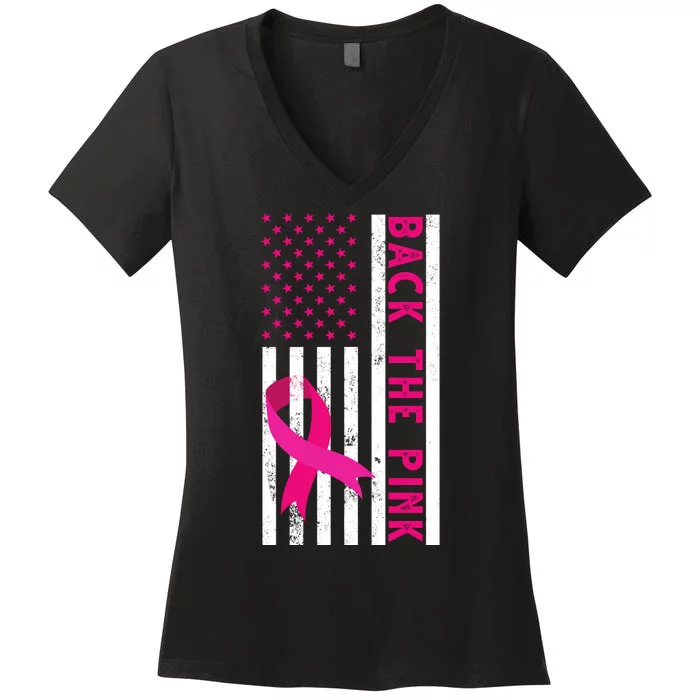 Back The Pink American Flag Pink Ribbon Breast Cancer Women's V-Neck T-Shirt