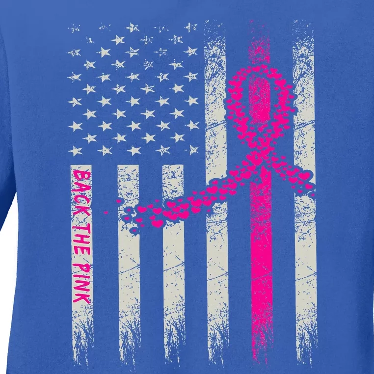 Back The Pink Breast Cancer Awareness Flag Ladies Long Sleeve Shirt