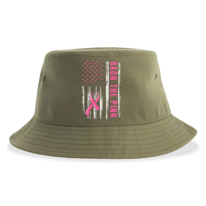 Back The Pink Ribbon American Flag Breast Cancer Awareness Sustainable Bucket Hat