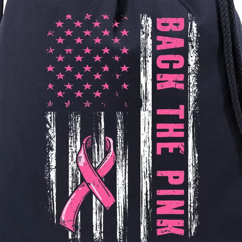 Back The Pink Ribbon American Flag Breast Cancer Awareness Drawstring Bag