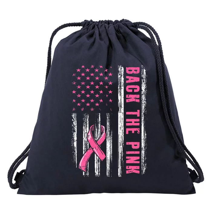 Back The Pink Ribbon American Flag Breast Cancer Awareness Drawstring Bag