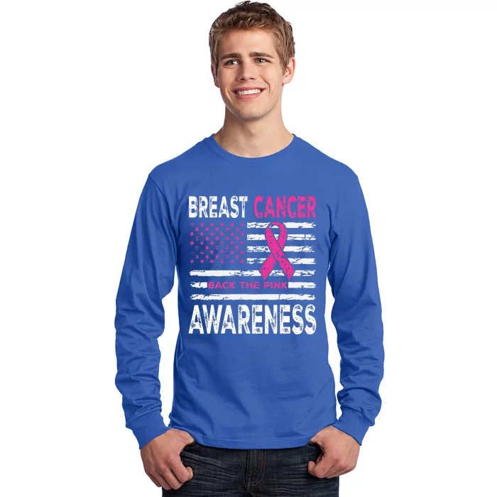 Back The Pink Ribbon American Flag Breast Cancer Awareness Long Sleeve Shirt