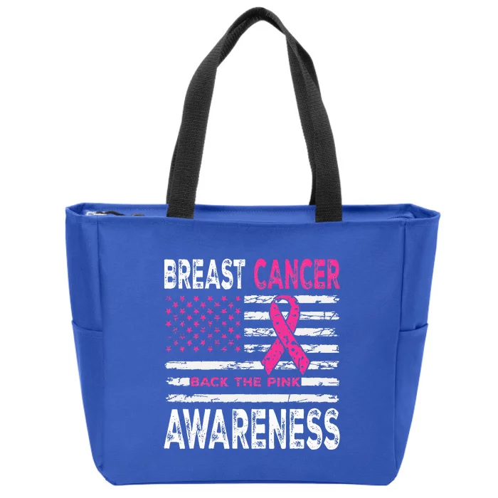 Back The Pink Ribbon American Flag Breast Cancer Awareness Zip Tote Bag