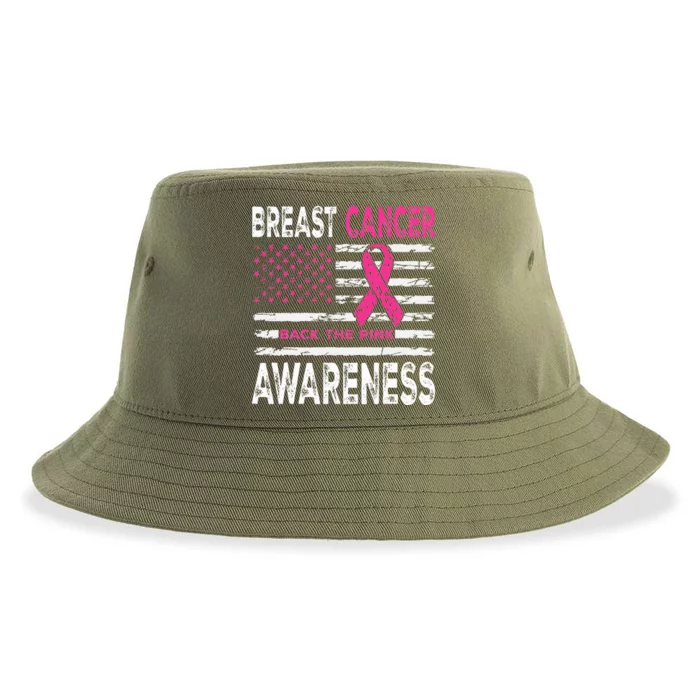 Back The Pink Ribbon American Flag Breast Cancer Awareness Sustainable Bucket Hat