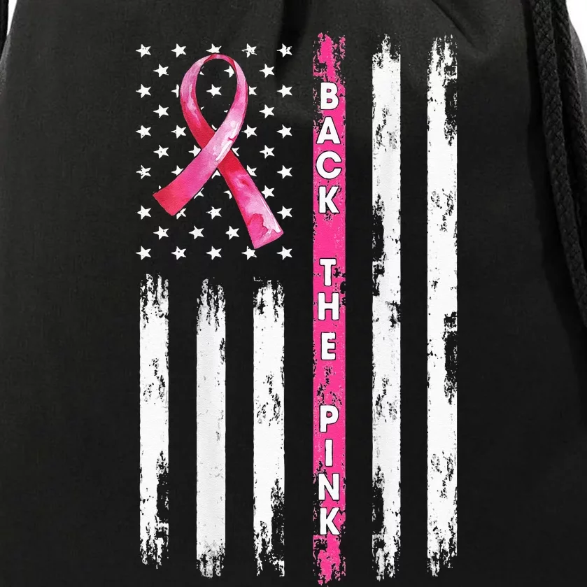 Back The Pink Ribbon American Flag Breast Cancer Awareness Drawstring Bag