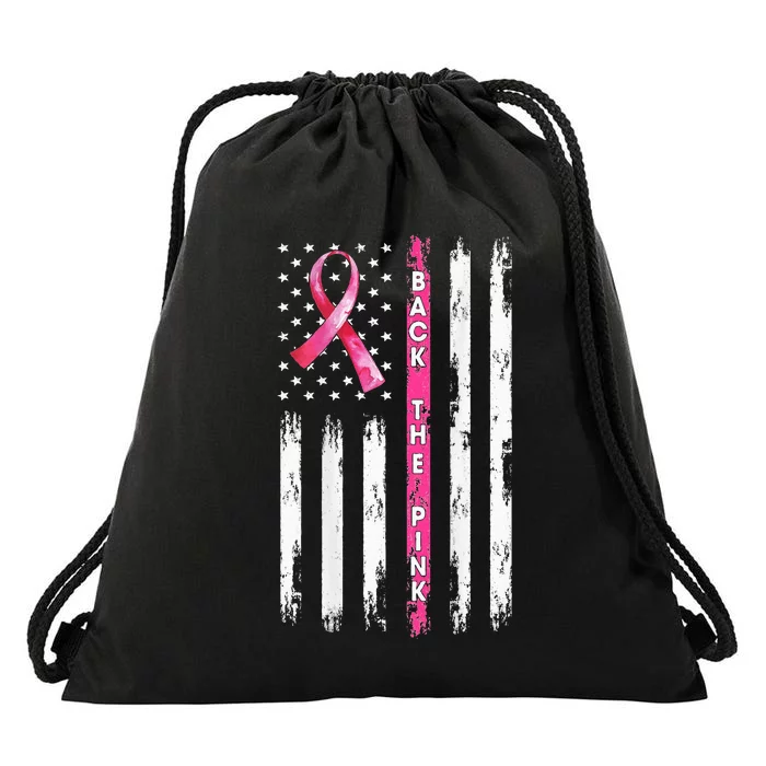 Back The Pink Ribbon American Flag Breast Cancer Awareness Drawstring Bag