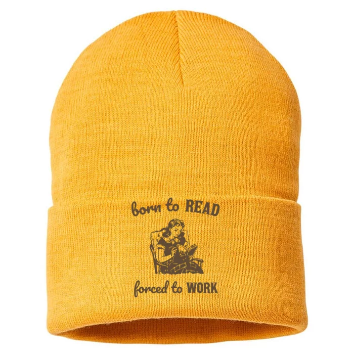 Born To Read Forced To Work Retro Graphic Sustainable Knit Beanie