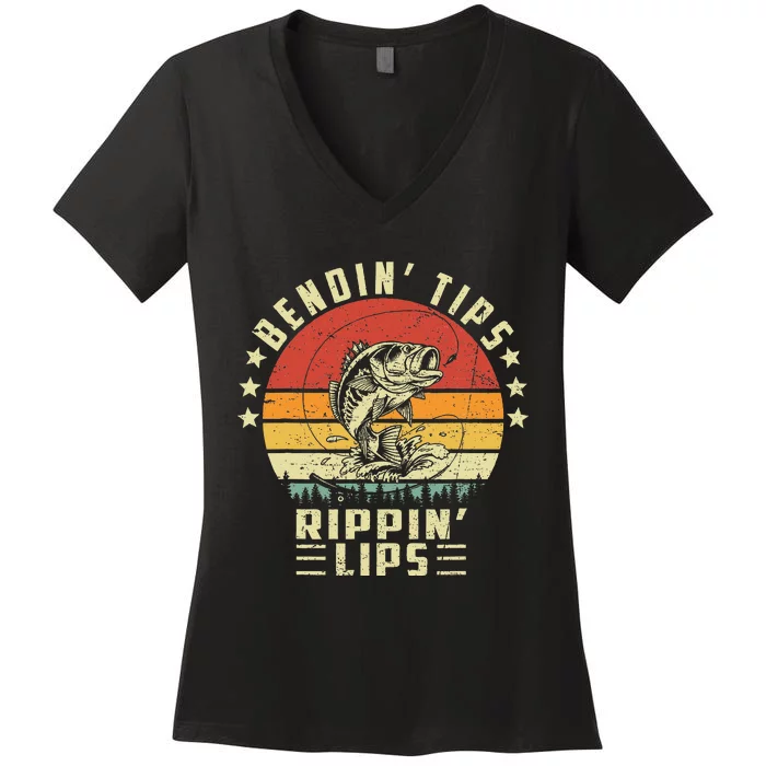 Bendin Tips Rippin Lips Vintage Fishing Lover Fisherman Women's V-Neck T-Shirt