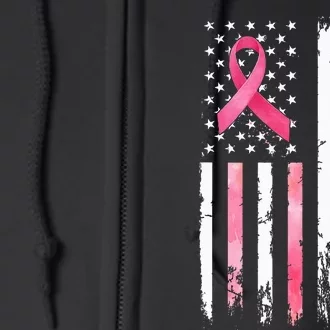 Back The Ribbon American Flag Breast Cancer Warrior Full Zip Hoodie