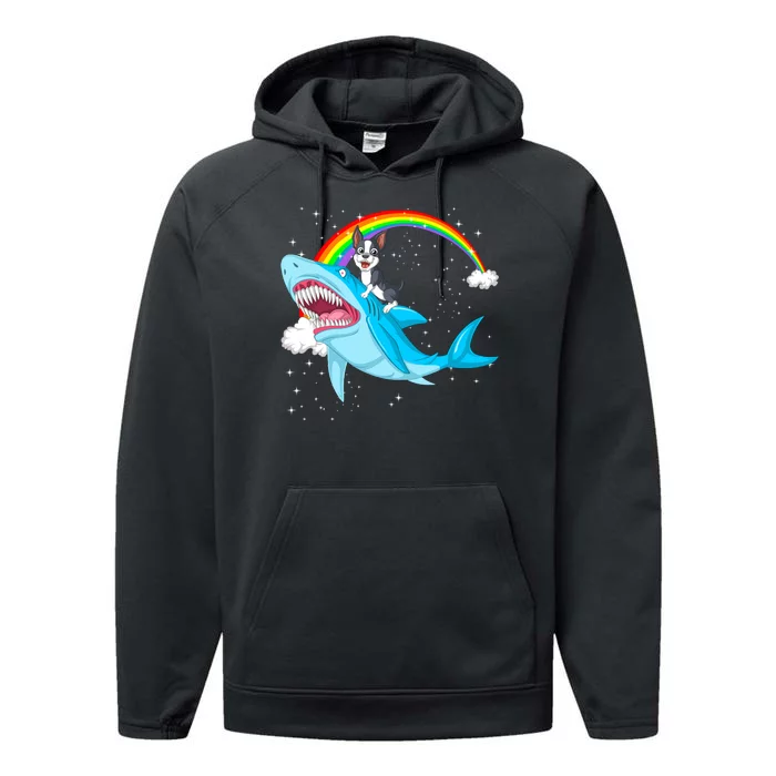 Boston Terrier Riding Shark Performance Fleece Hoodie