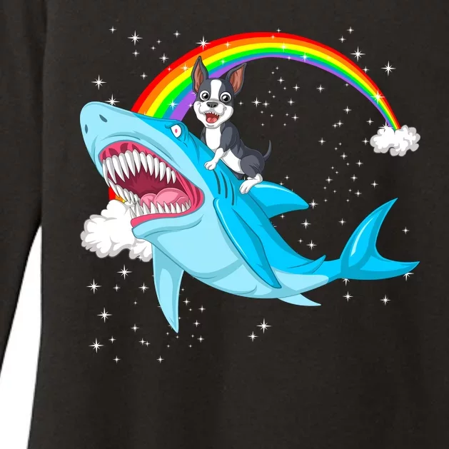 Boston Terrier Riding Shark Womens CVC Long Sleeve Shirt