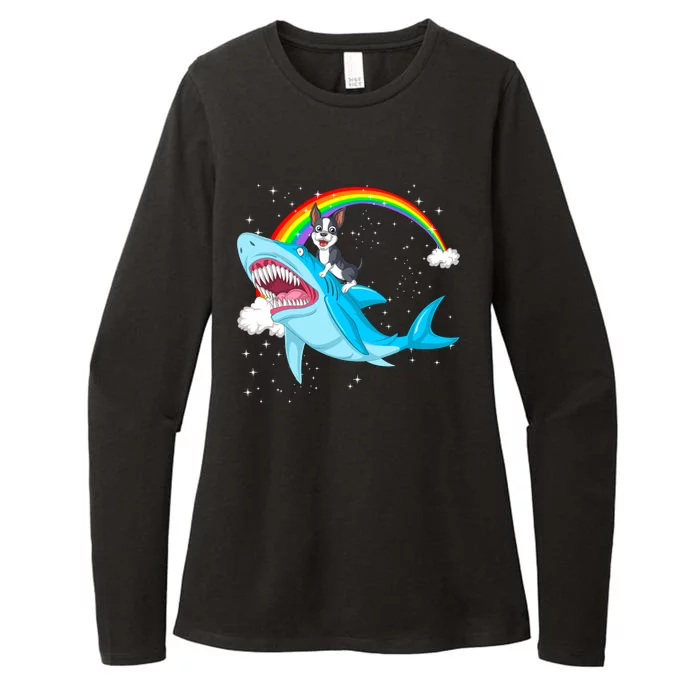 Boston Terrier Riding Shark Womens CVC Long Sleeve Shirt