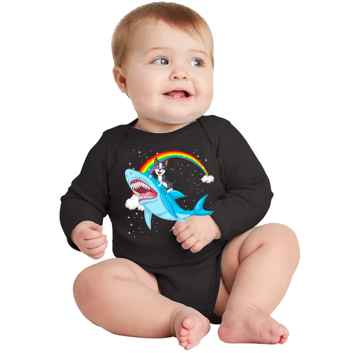 Boston Terrier Riding Shark Baby Long Sleeve Bodysuit