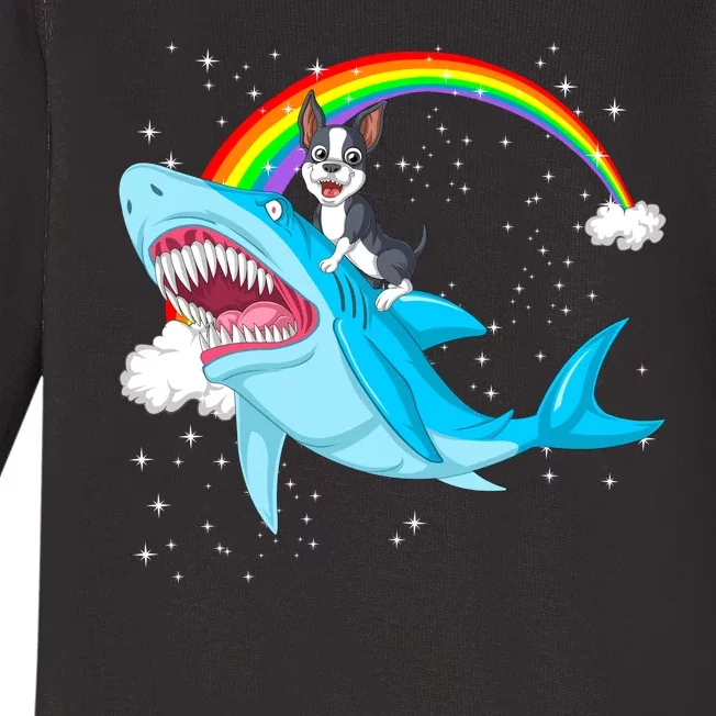 Boston Terrier Riding Shark Baby Long Sleeve Bodysuit