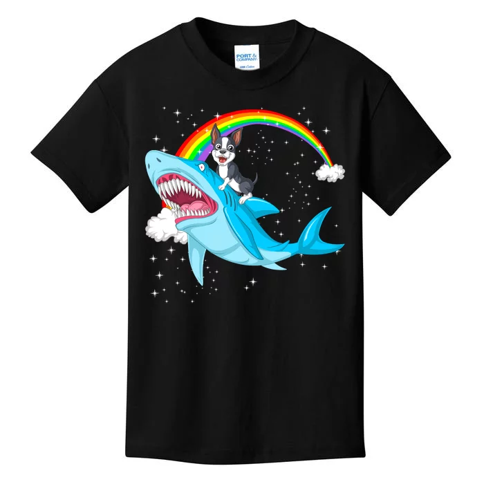 Boston Terrier Riding Shark Kids T-Shirt