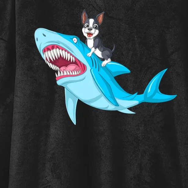 Boston Terrier Riding Shark Hooded Wearable Blanket