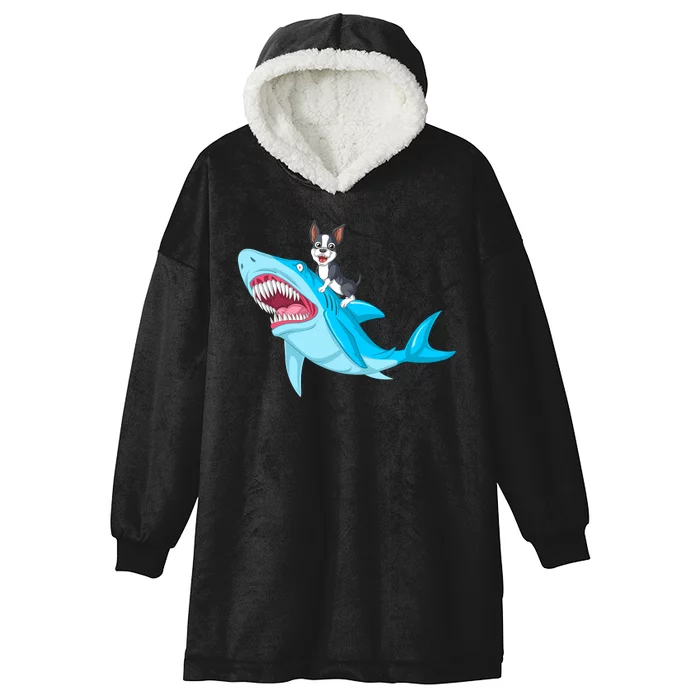 Boston Terrier Riding Shark Hooded Wearable Blanket