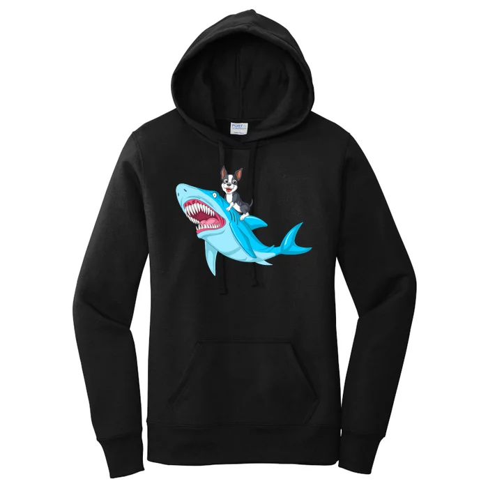 Boston Terrier Riding Shark Women's Pullover Hoodie