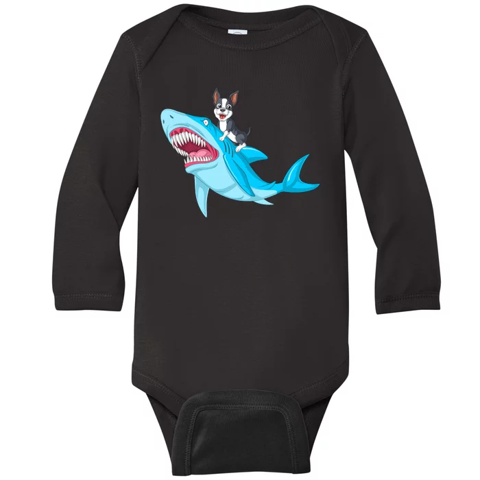 Boston Terrier Riding Shark Baby Long Sleeve Bodysuit