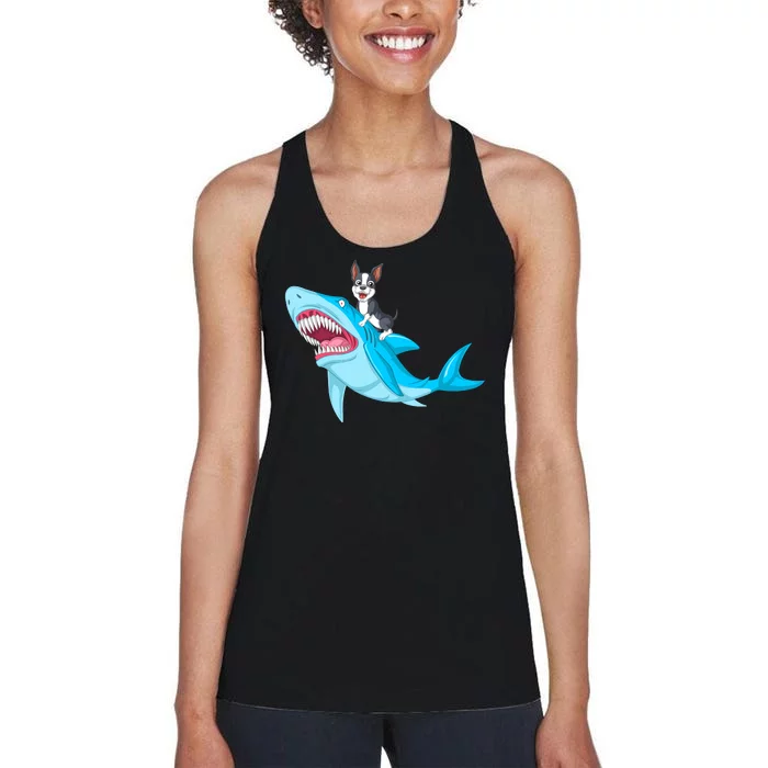 Boston Terrier Riding Shark Women's Racerback Tank