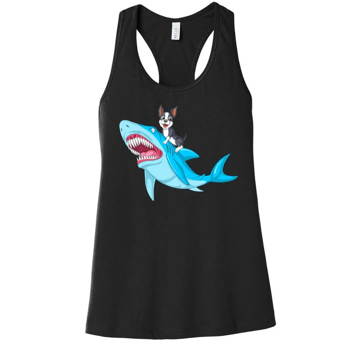 Boston Terrier Riding Shark Women's Racerback Tank