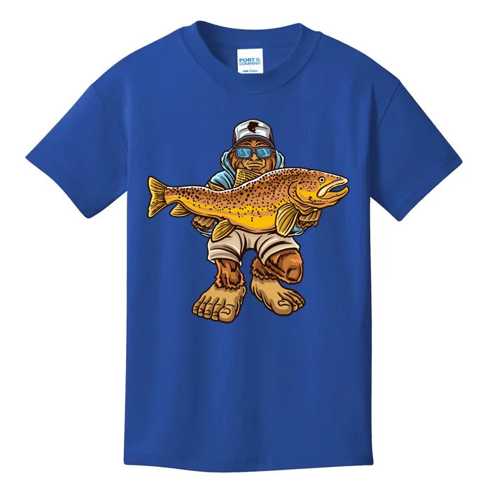 Brown Trout River Fishing Bigfoot Hunting Fisher Cute Gift Kids T-Shirt