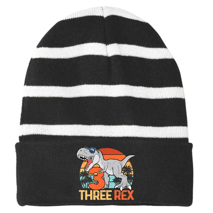 Boy Three Rex 3rd Birthday Third Dinosaur 3 Year Old Striped Beanie with Solid Band