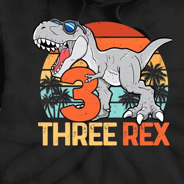 Boy Three Rex 3rd Birthday Third Dinosaur 3 Year Old Tie Dye Hoodie