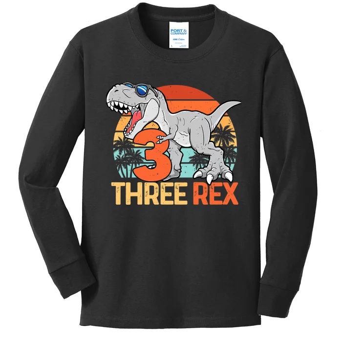 Boy Three Rex 3rd Birthday Third Dinosaur 3 Year Old Kids Long Sleeve Shirt