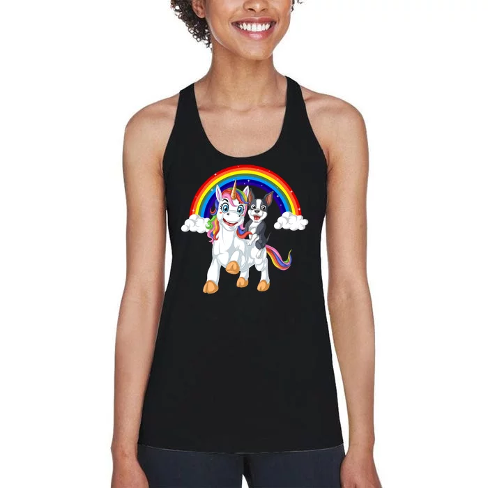 Boston Terrier Riding Unicorn Women's Racerback Tank