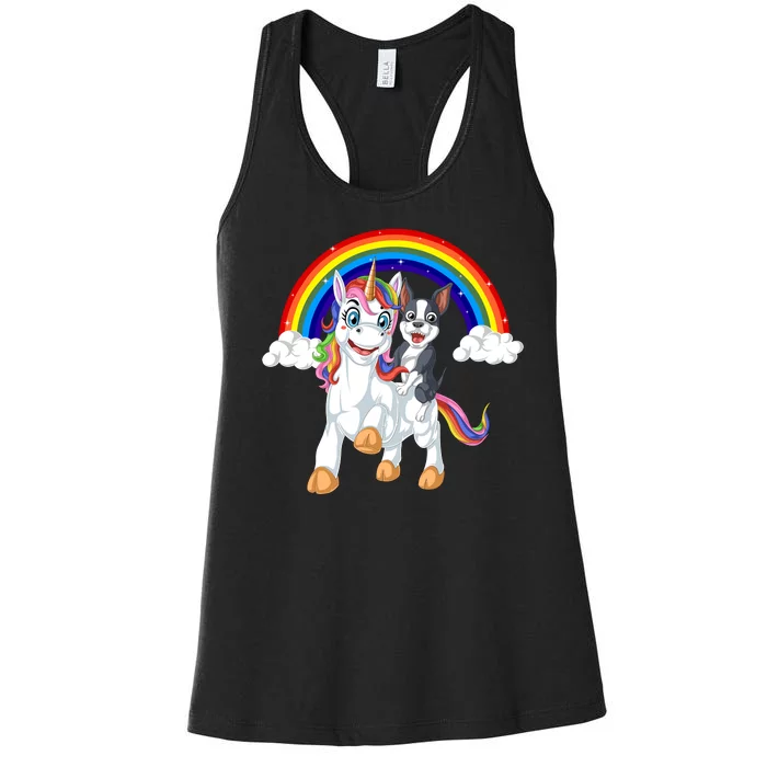 Boston Terrier Riding Unicorn Women's Racerback Tank