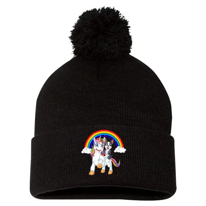 Boston Terrier Riding Unicorn Pom Pom 12in Knit Beanie