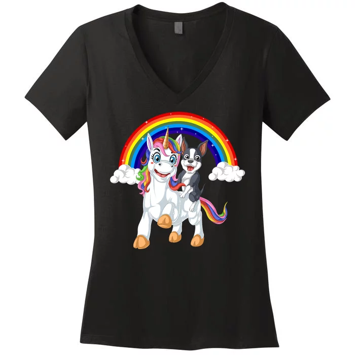 Boston Terrier Riding Unicorn Women's V-Neck T-Shirt