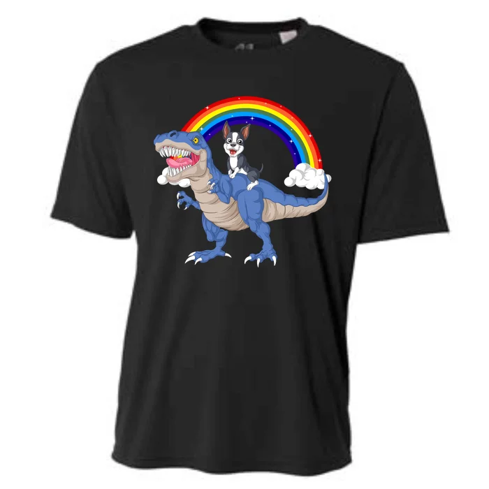 Boston Terrier Riding Dinosaur Cooling Performance Crew T-Shirt