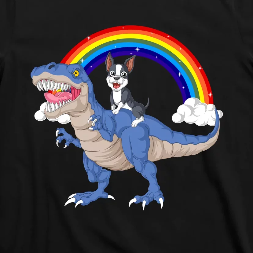 Boston Terrier Riding Dinosaur T-Shirt