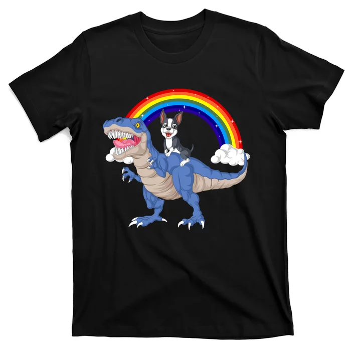 Boston Terrier Riding Dinosaur T-Shirt