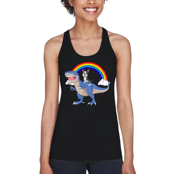 Boston Terrier Riding Dinosaur Women's Racerback Tank