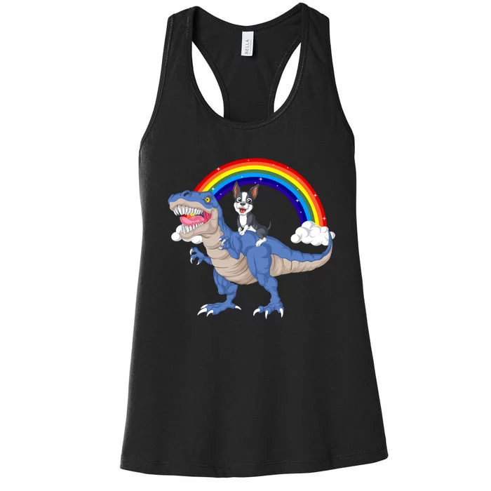 Boston Terrier Riding Dinosaur Women's Racerback Tank