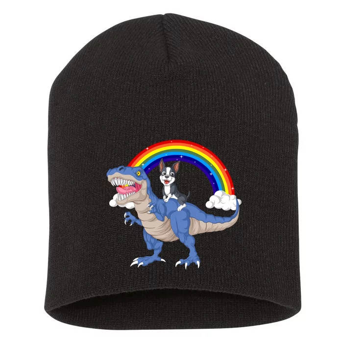 Boston Terrier Riding Dinosaur Short Acrylic Beanie