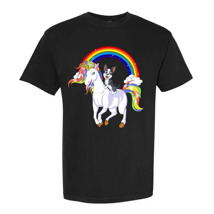 Boston Terrier Riding Unicorn Garment-Dyed Heavyweight T-Shirt