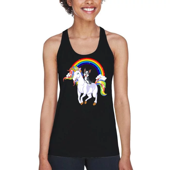 Boston Terrier Riding Unicorn Women's Racerback Tank