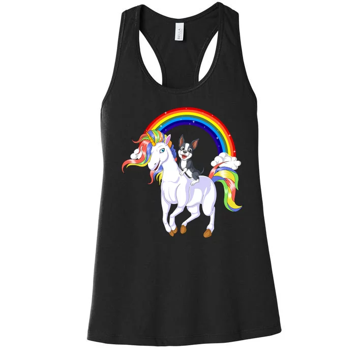 Boston Terrier Riding Unicorn Women's Racerback Tank