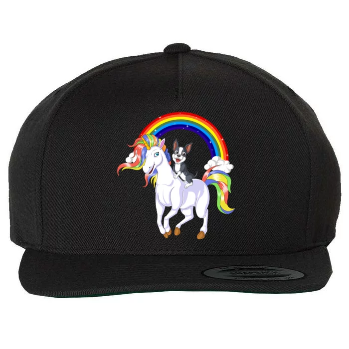 Boston Terrier Riding Unicorn Wool Snapback Cap