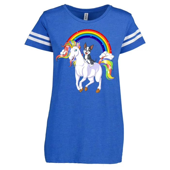 Boston Terrier Riding Unicorn Enza Ladies Jersey Football T-Shirt