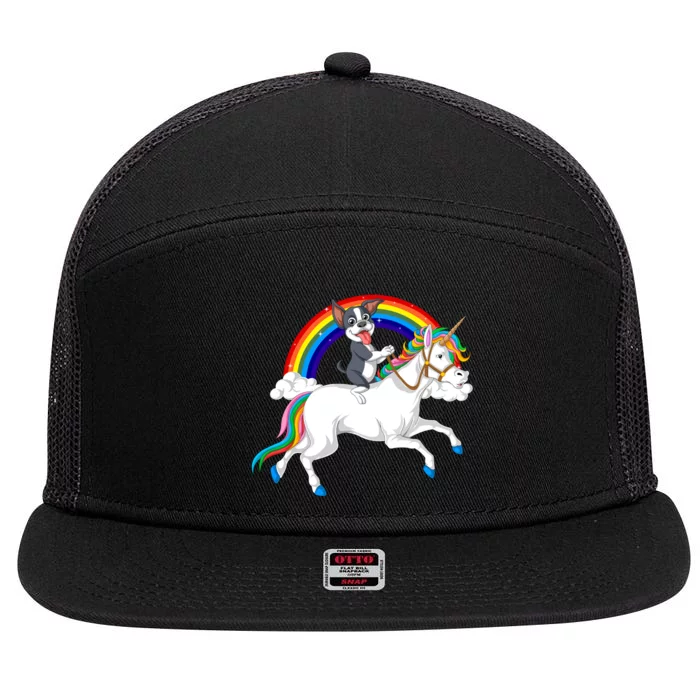 Boston Terrier Riding Unicorn 7 Panel Mesh Trucker Snapback Hat