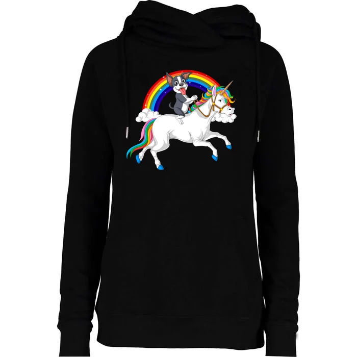 Boston Terrier Riding Unicorn Womens Funnel Neck Pullover Hood