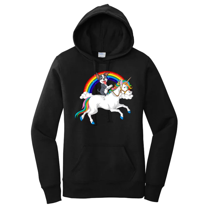 Boston Terrier Riding Unicorn Women's Pullover Hoodie