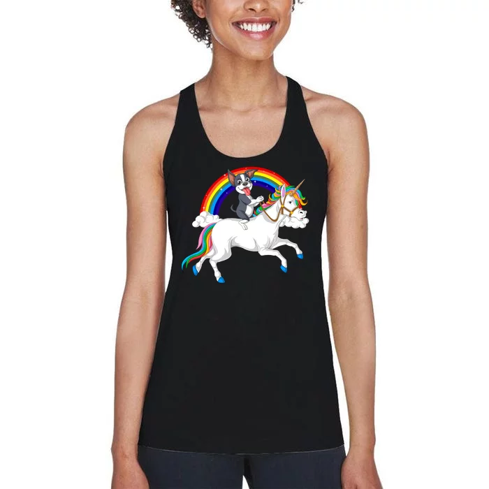 Boston Terrier Riding Unicorn Women's Racerback Tank